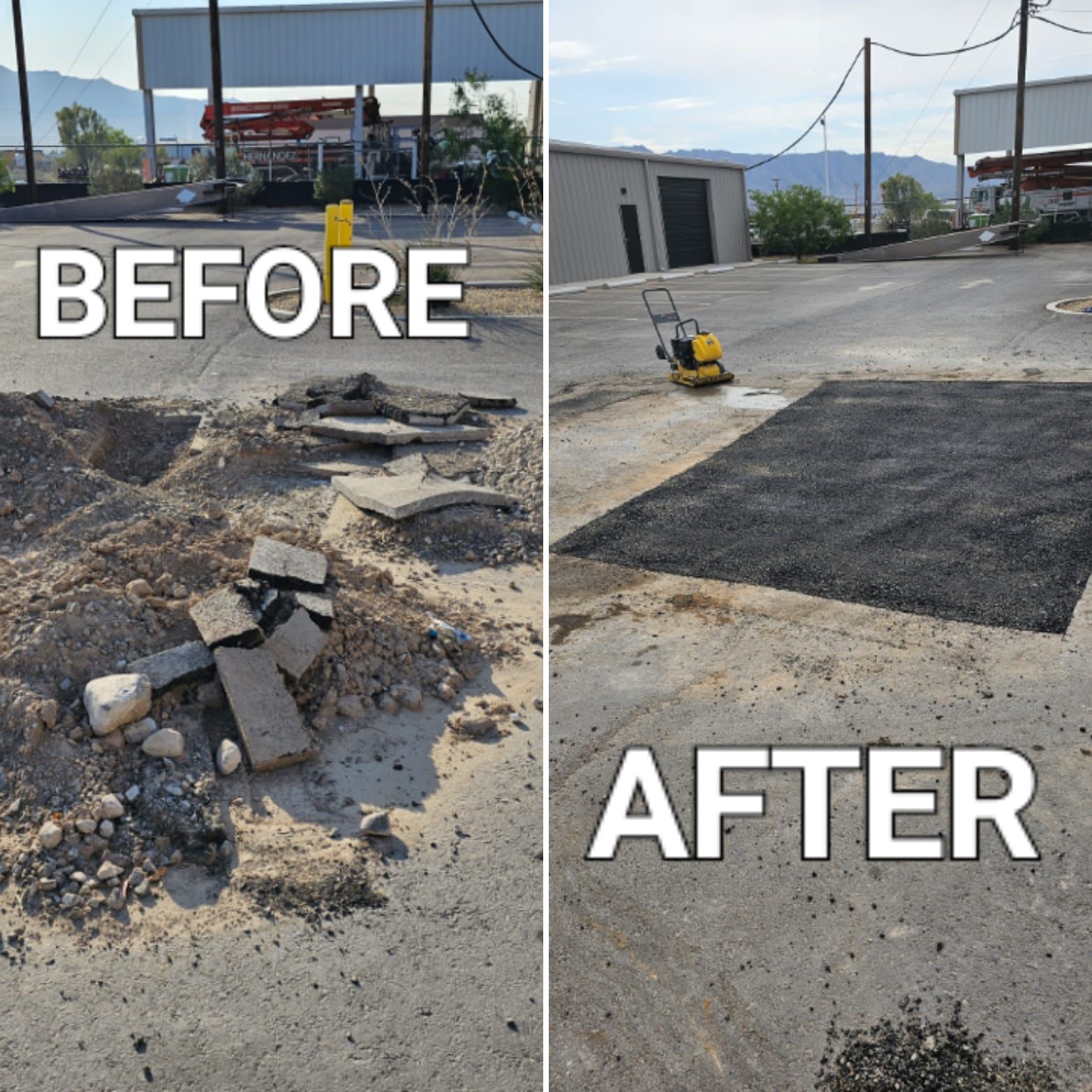 A before and after photo of a parking lot