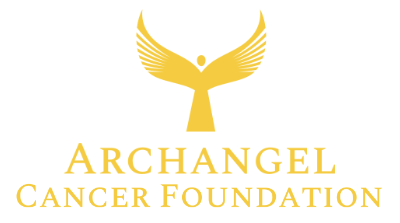A logo for the archangel cancer foundation with a gold angel