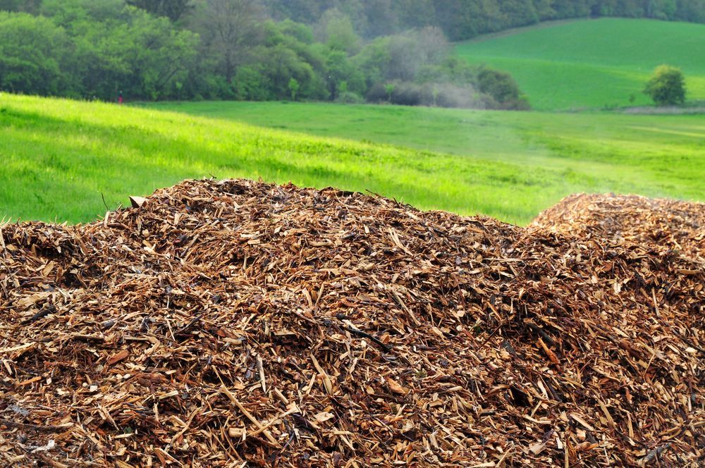Brown mulch in a field of green grass and trees — Boyne Island Tree Services in Boyne Island, QLD