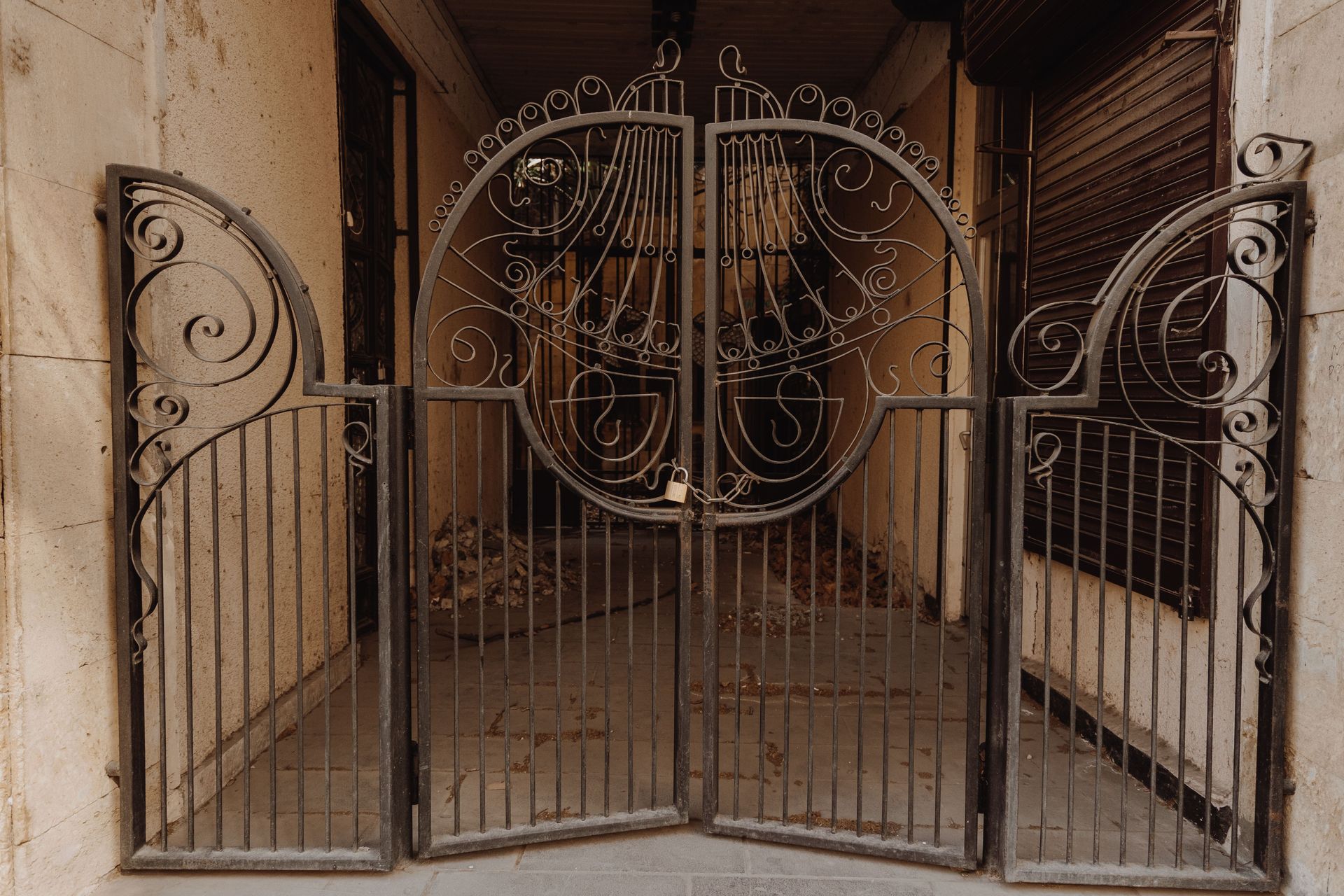 Ornate black iron double gates with scrolled tops