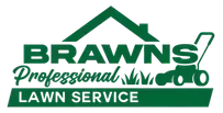 A logo for Brawns Professional Lawn Service with a green roof and a lawn mower.