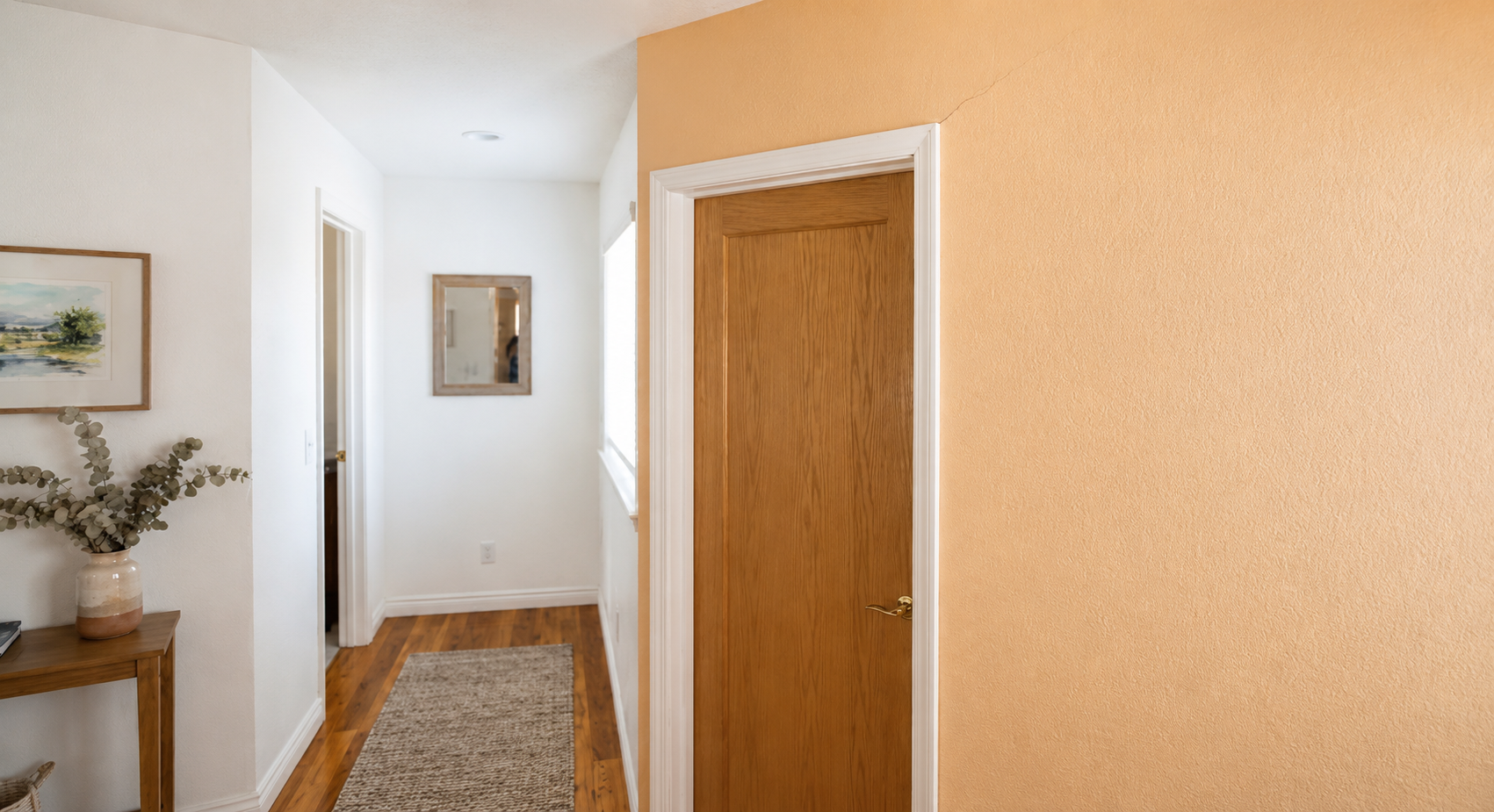 Hallway with wooden door, white walls, framed art, and runner rug.