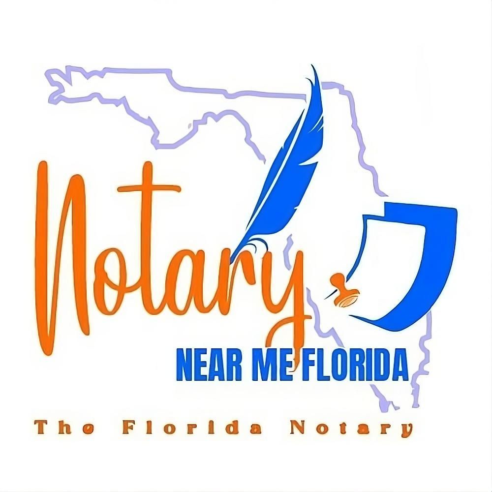 Logo: "Notary Near Me Florida" text, blue feather and seal, Florida outline.