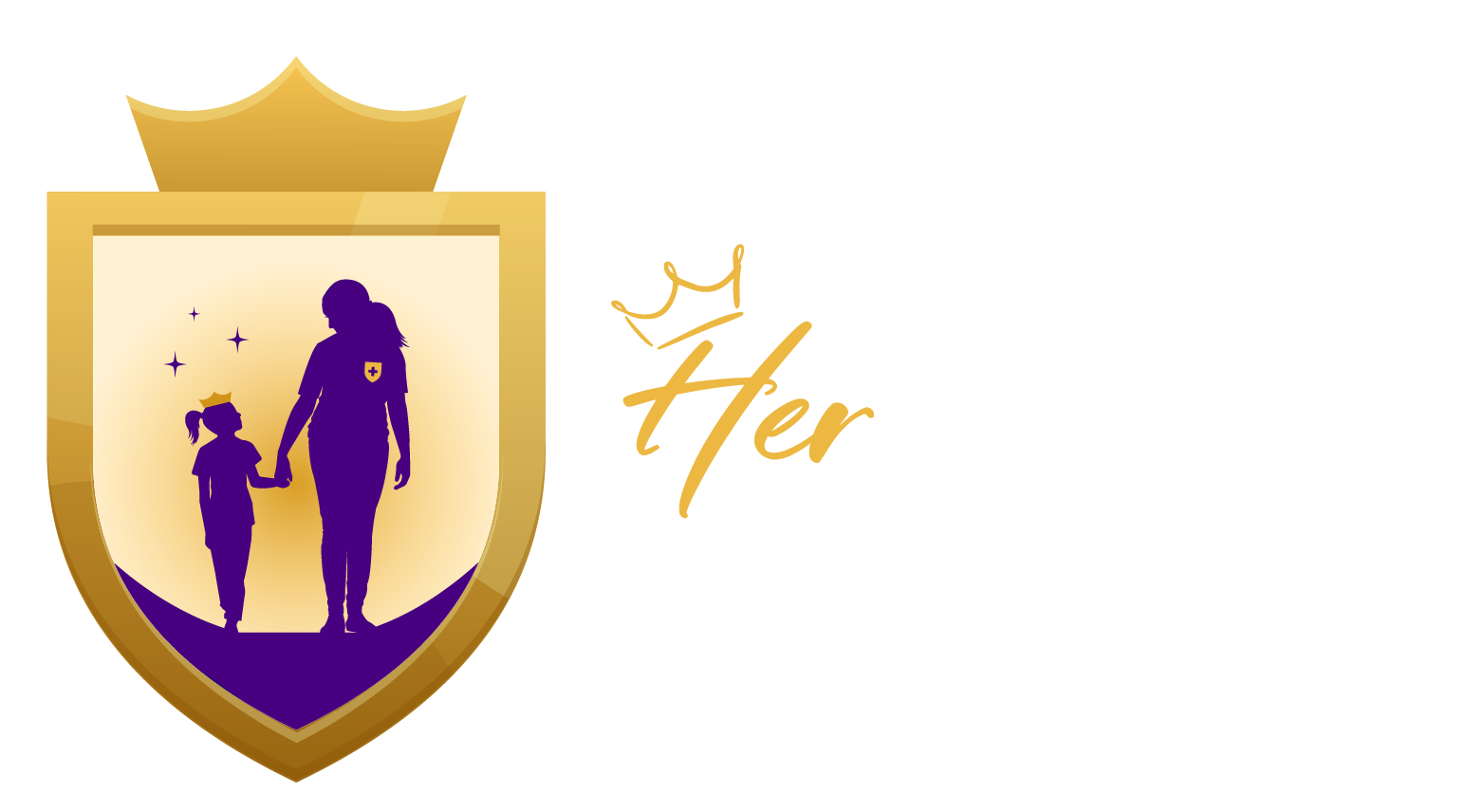 HerShield Foundation Logo which is text based with the word Her in yellow and a crown hanging off the side of the word Her