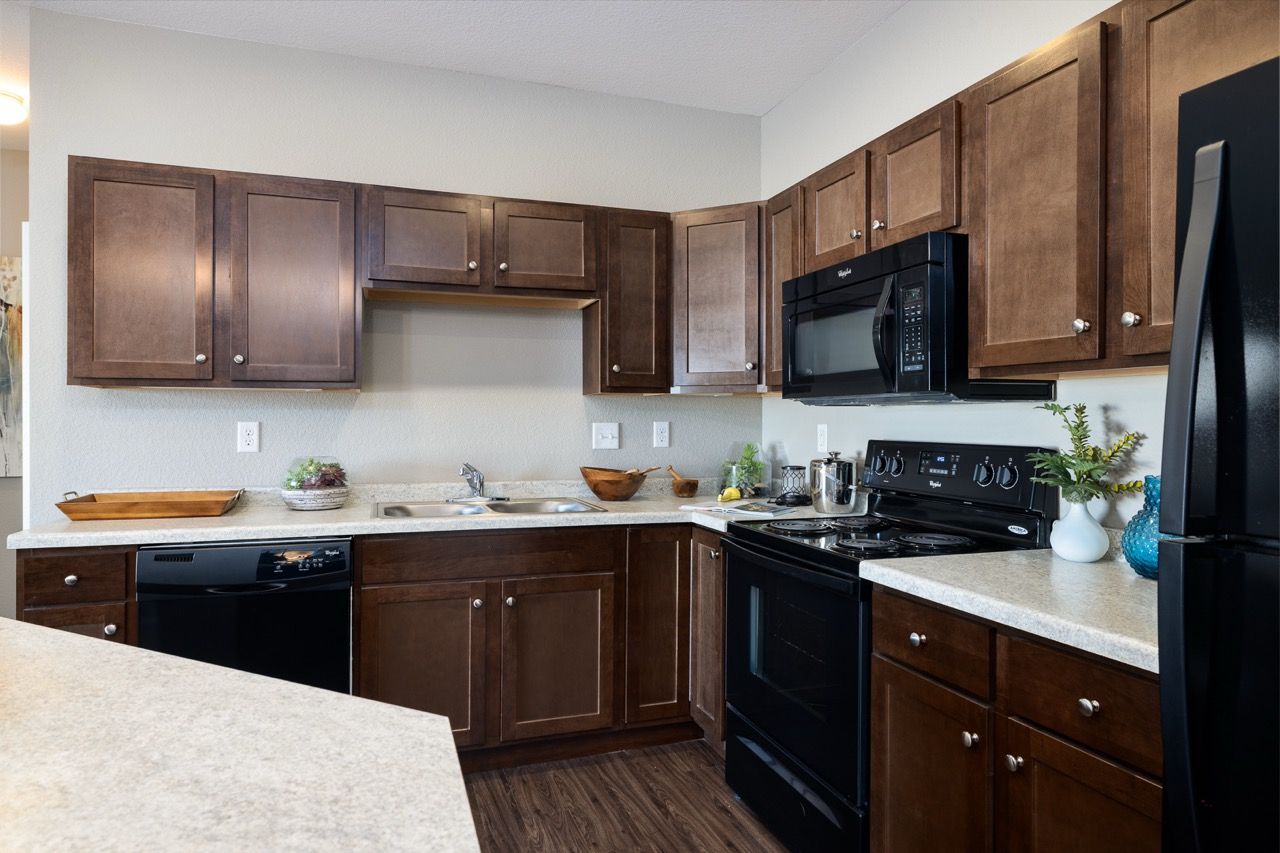 Kitchen in an apartment with dark wood cabinets, light countertops, and black appliances.