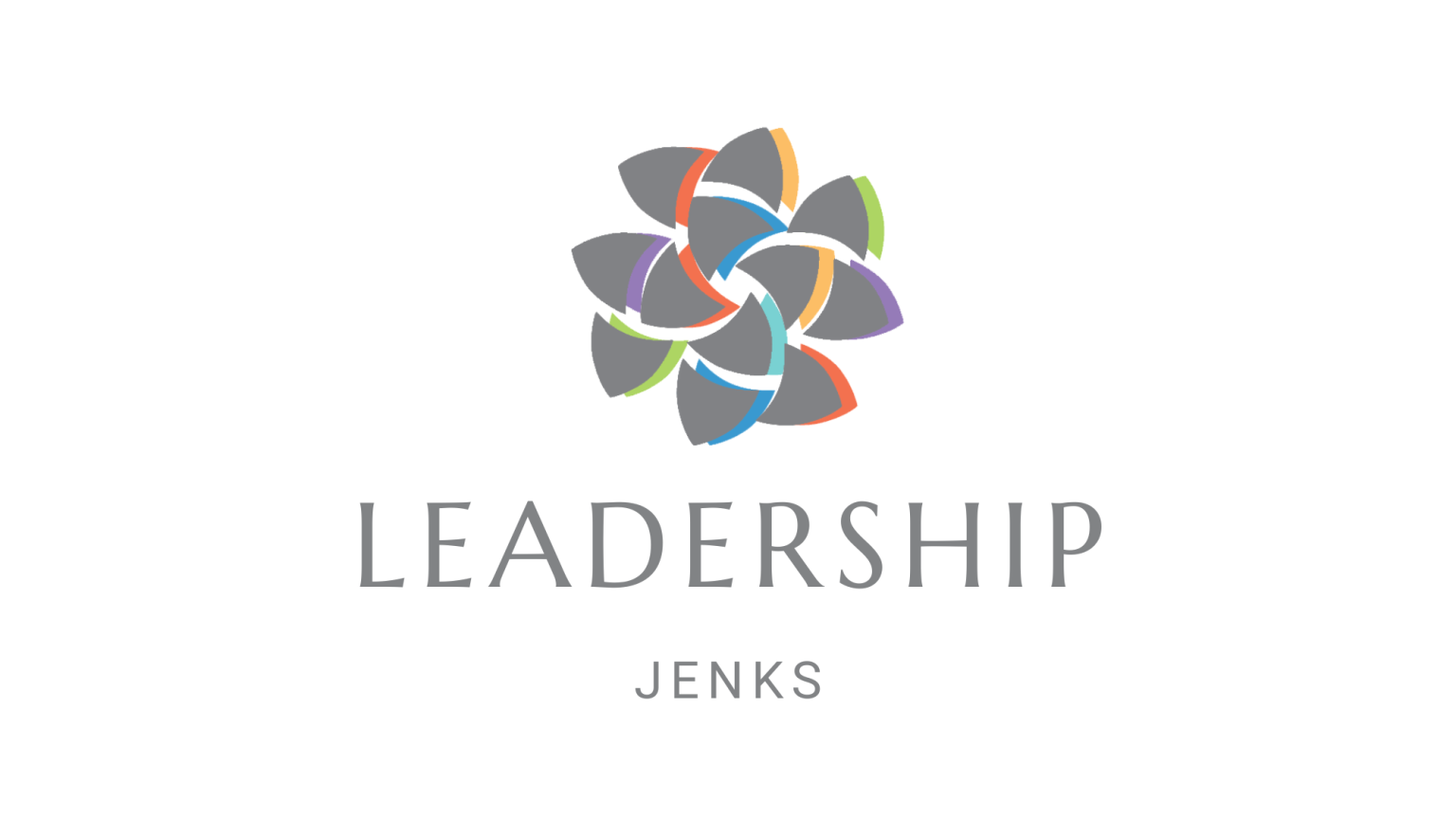 A logo for leadership jenks with a colorful flower on a white background.