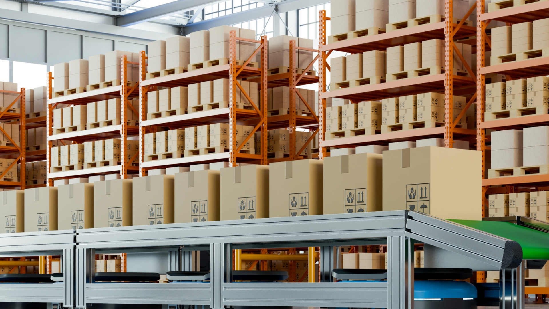 Warehouse with tall shelving, stacked boxes, and a conveyor line in an industrial storage facility