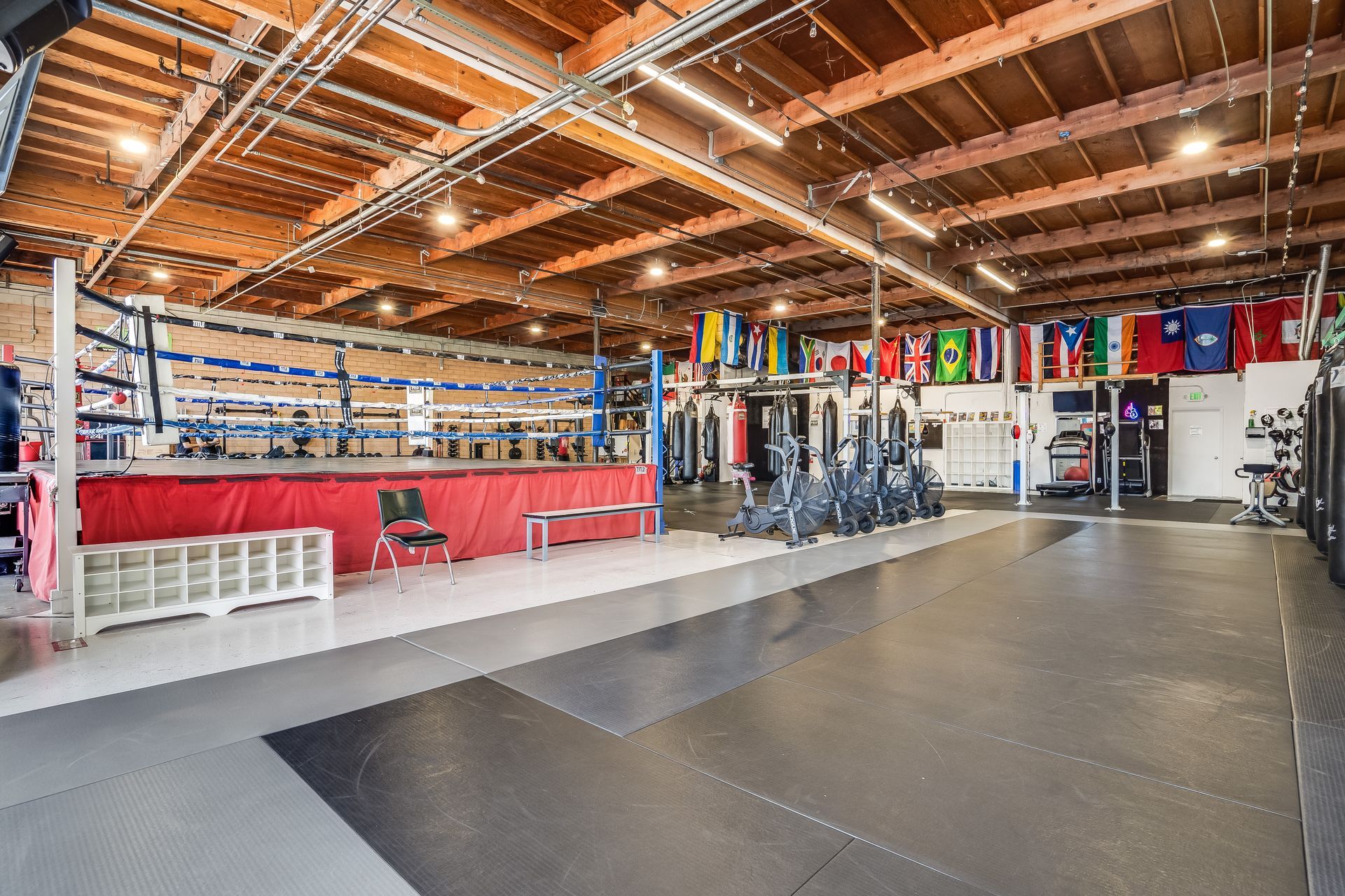 Boxing gym interior: boxing ring, punching bags, exercise equipment, flags.