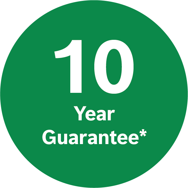 A purple and blue circle with the words `` 10 year guarantee '' written inside of it.