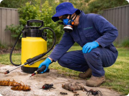A pest control technician in protective gear and a mask uses a sprayer near insects and a small dead rodent on the ground.