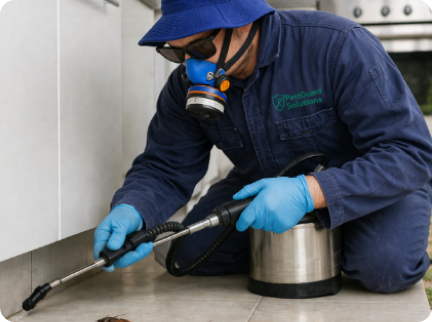 A pest control technician in protective gear and a respirator sprays liquid treatment along a white baseboard.