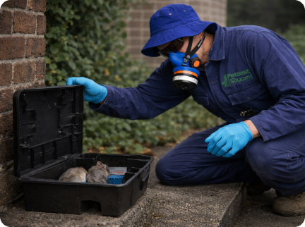 A pest control worker in a blue uniform and respirator mask examines a black trap containing two rodents.