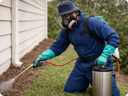 A professional in protective gear and a respirator sprays liquid pesticide along the side of a building exterior.