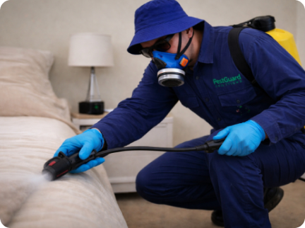 A pest control professional wearing protective gear and a respirator sprays a bed with a professional steam device.