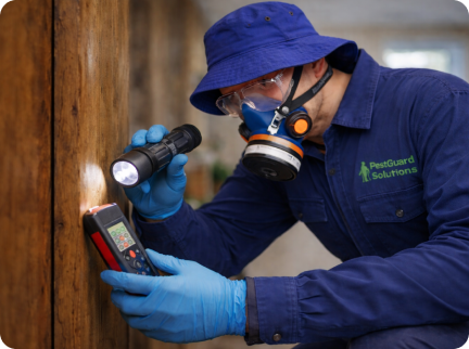A pest control worker in a blue uniform and respirator inspects a wooden wall with a flashlight and electronic meter.