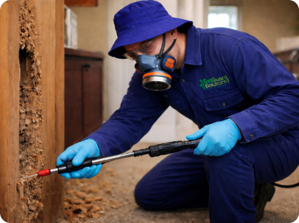 A pest control technician in a blue uniform, hat, and respirator uses a spray tool to treat a wooden structure.