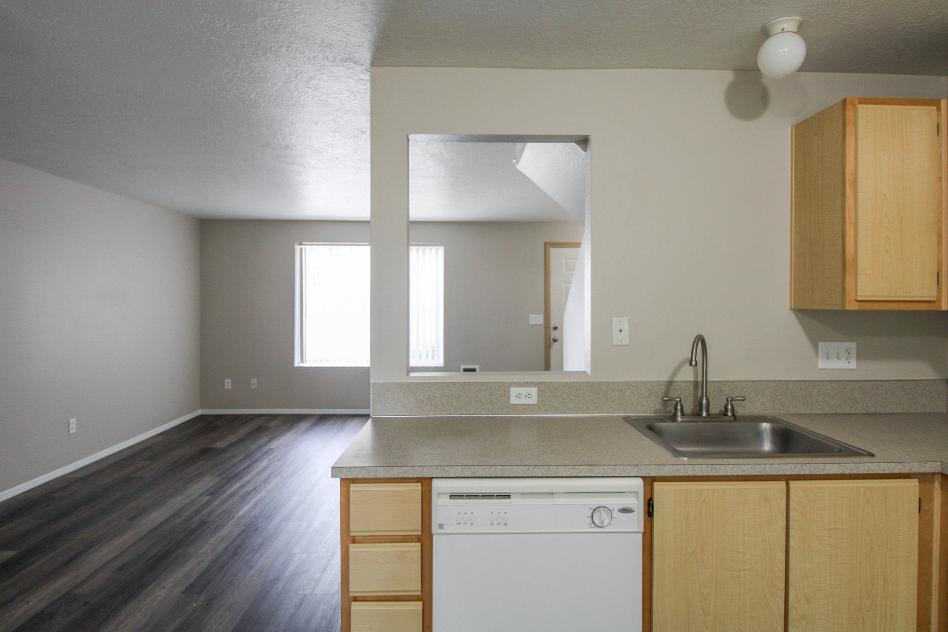 An empty kitchen with a sink and a dishwasher