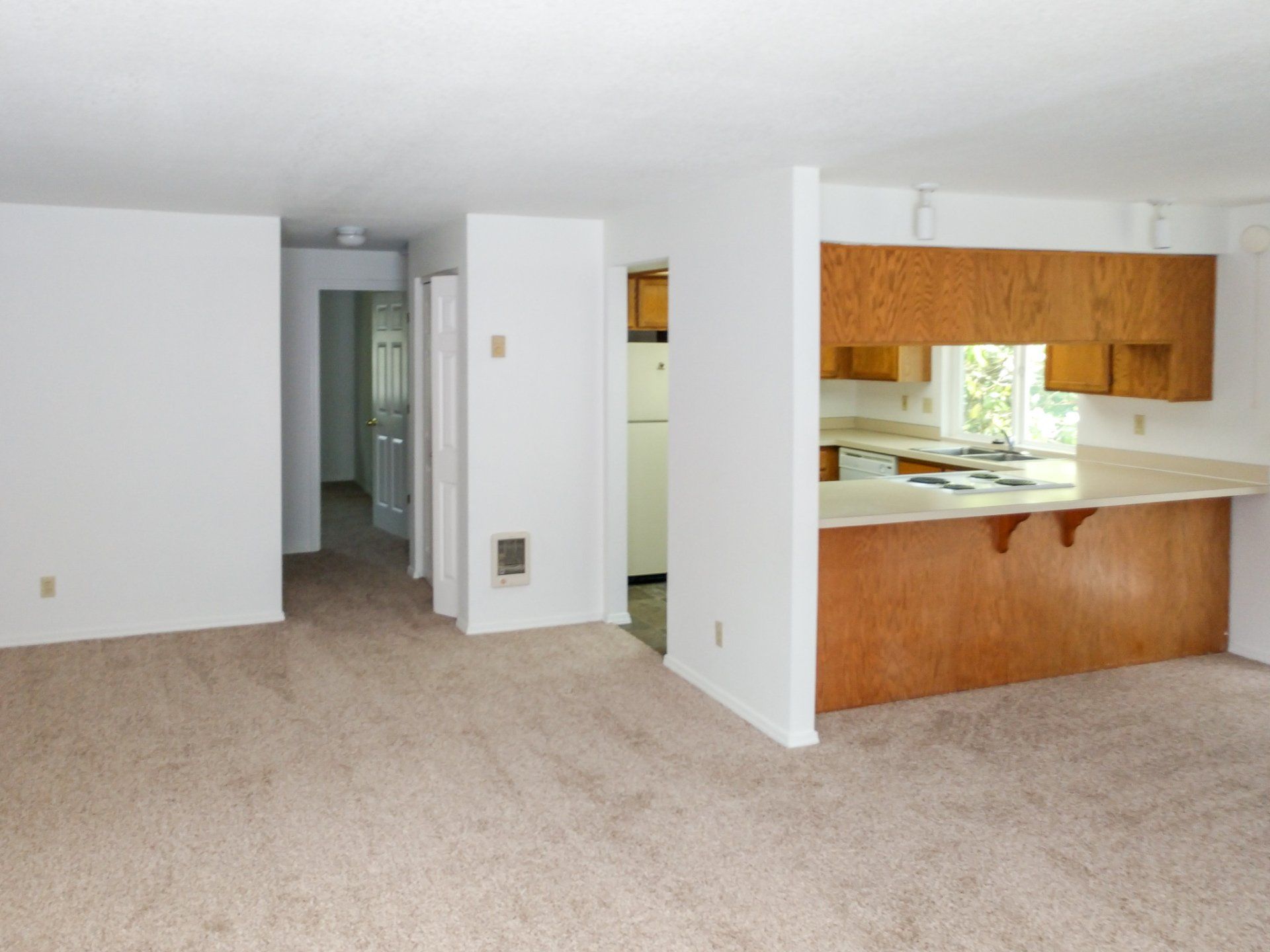 An empty living room with a kitchen in the background