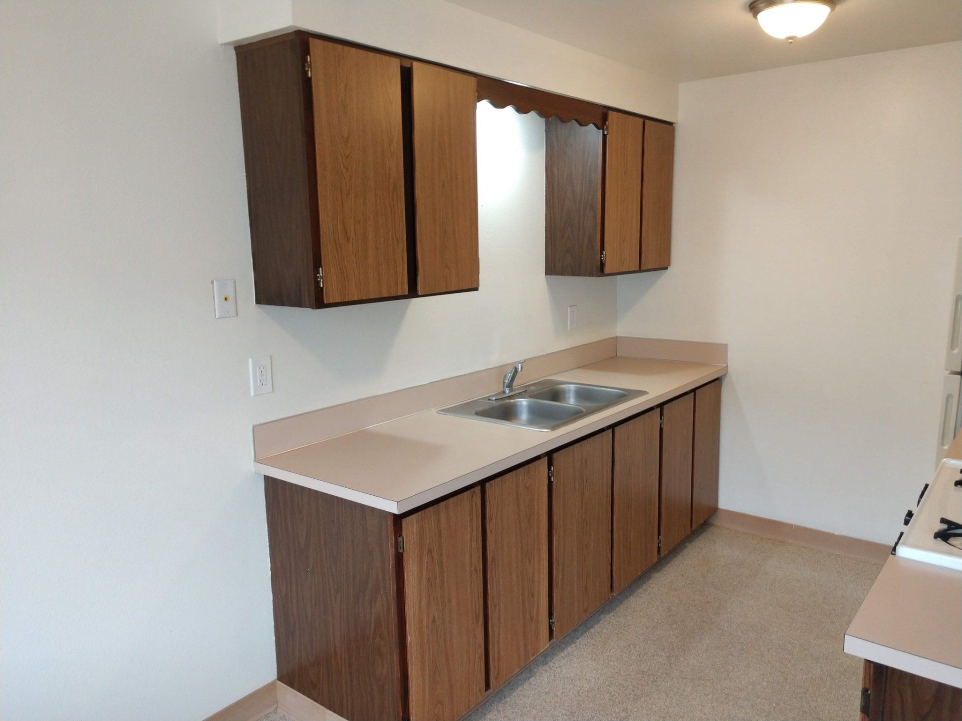 A kitchen with two sinks and wooden cabinets