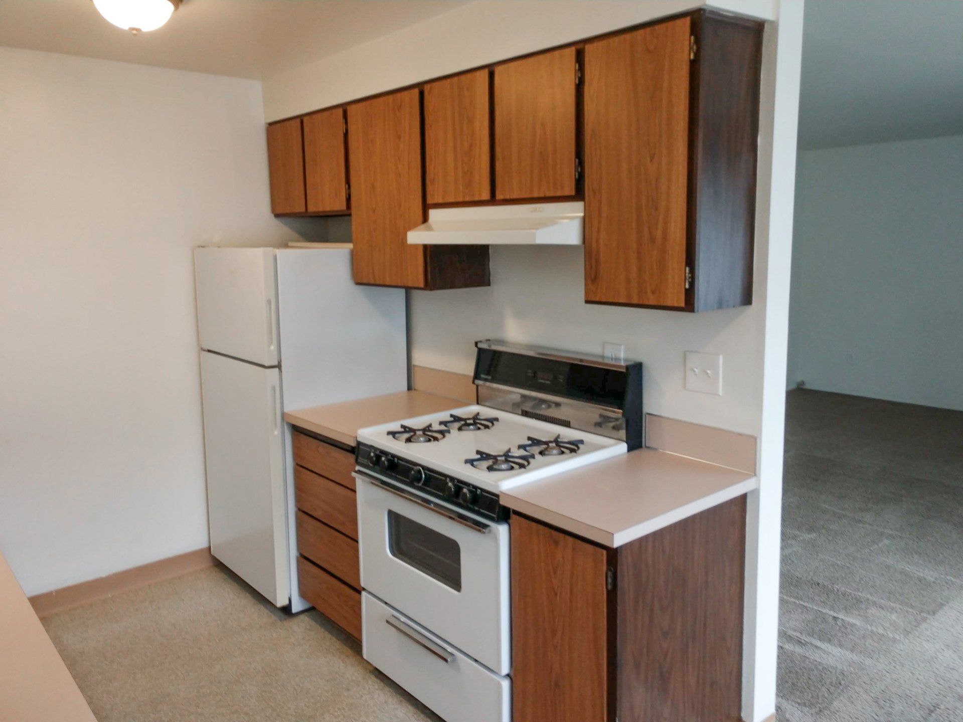 A kitchen with a stove top oven and a refrigerator