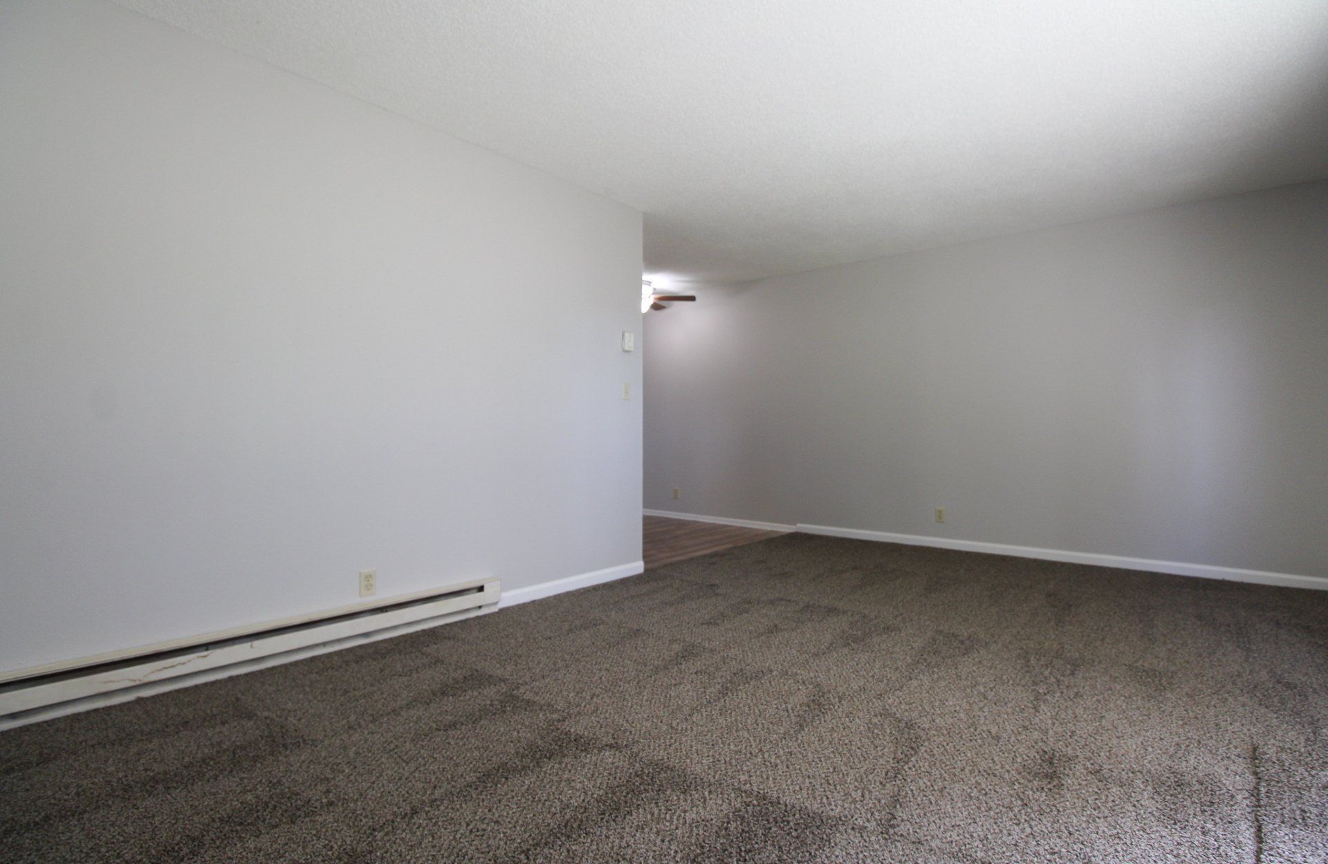 An empty living room with a carpeted floor and white walls.