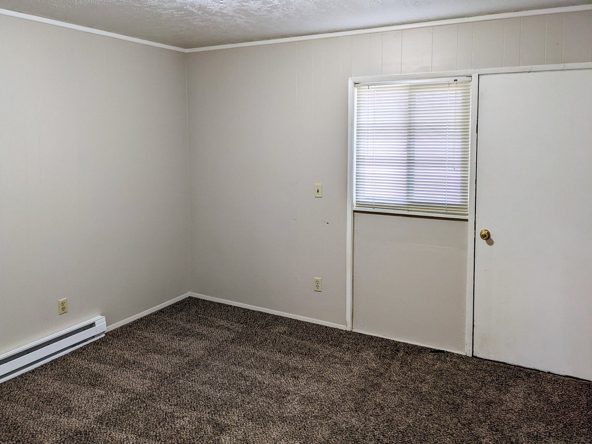 An empty bedroom with a window and a carpeted floor.