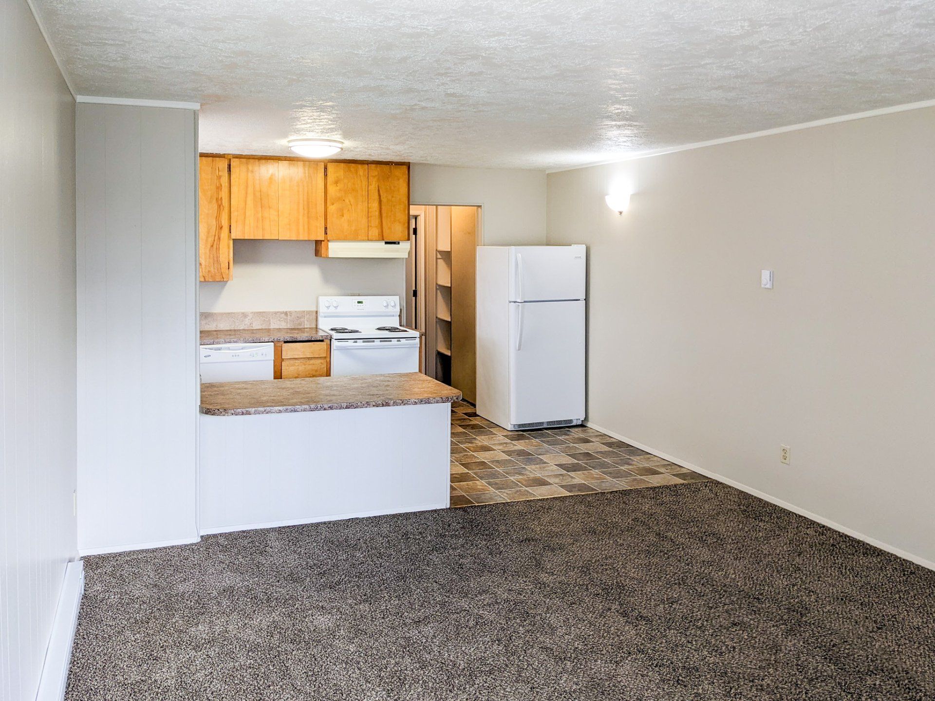 A living room with a kitchen and a refrigerator in it
