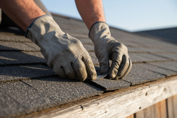 Roofer installing shingles