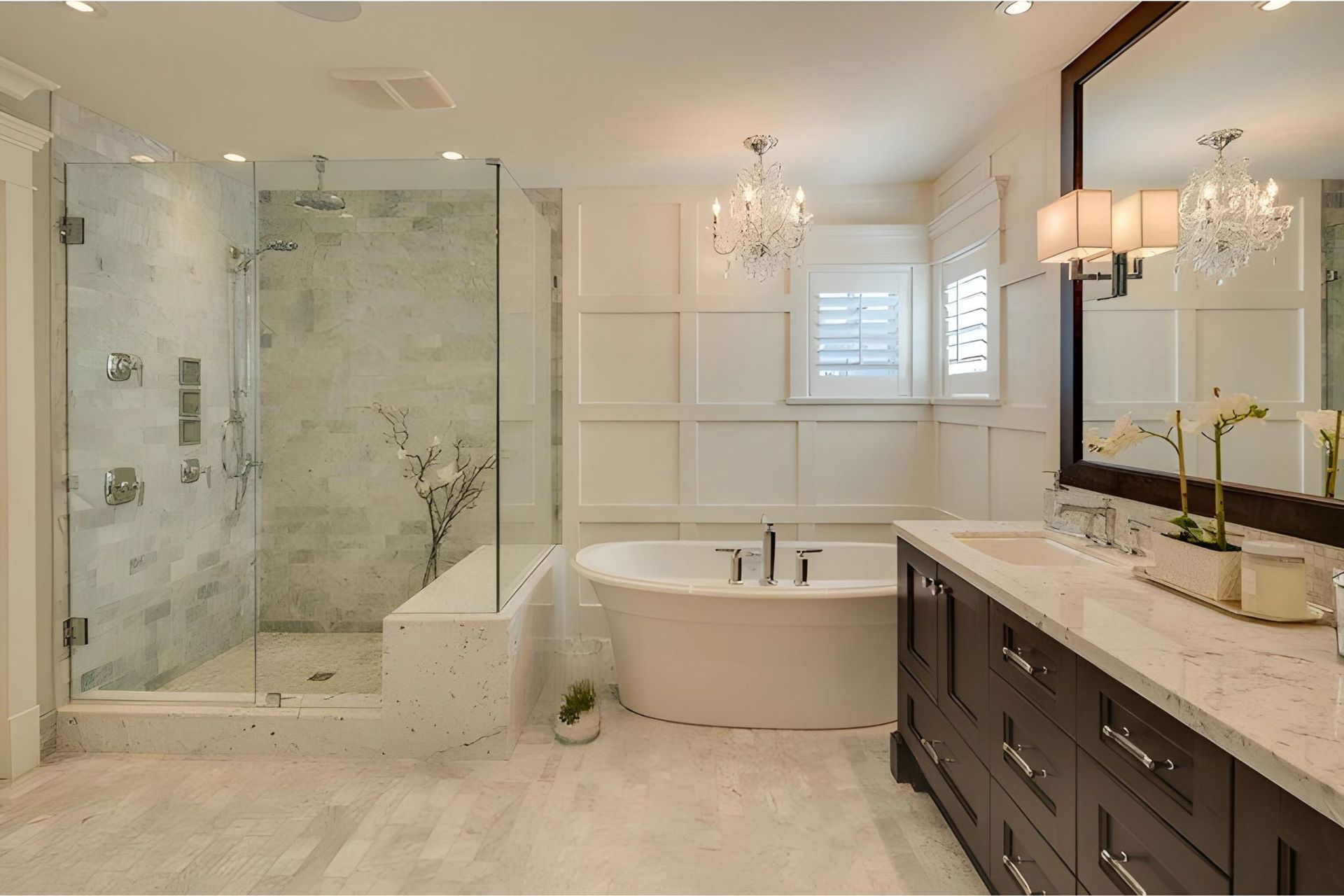 A bathroom with a tub , sinks , and a walk in shower.