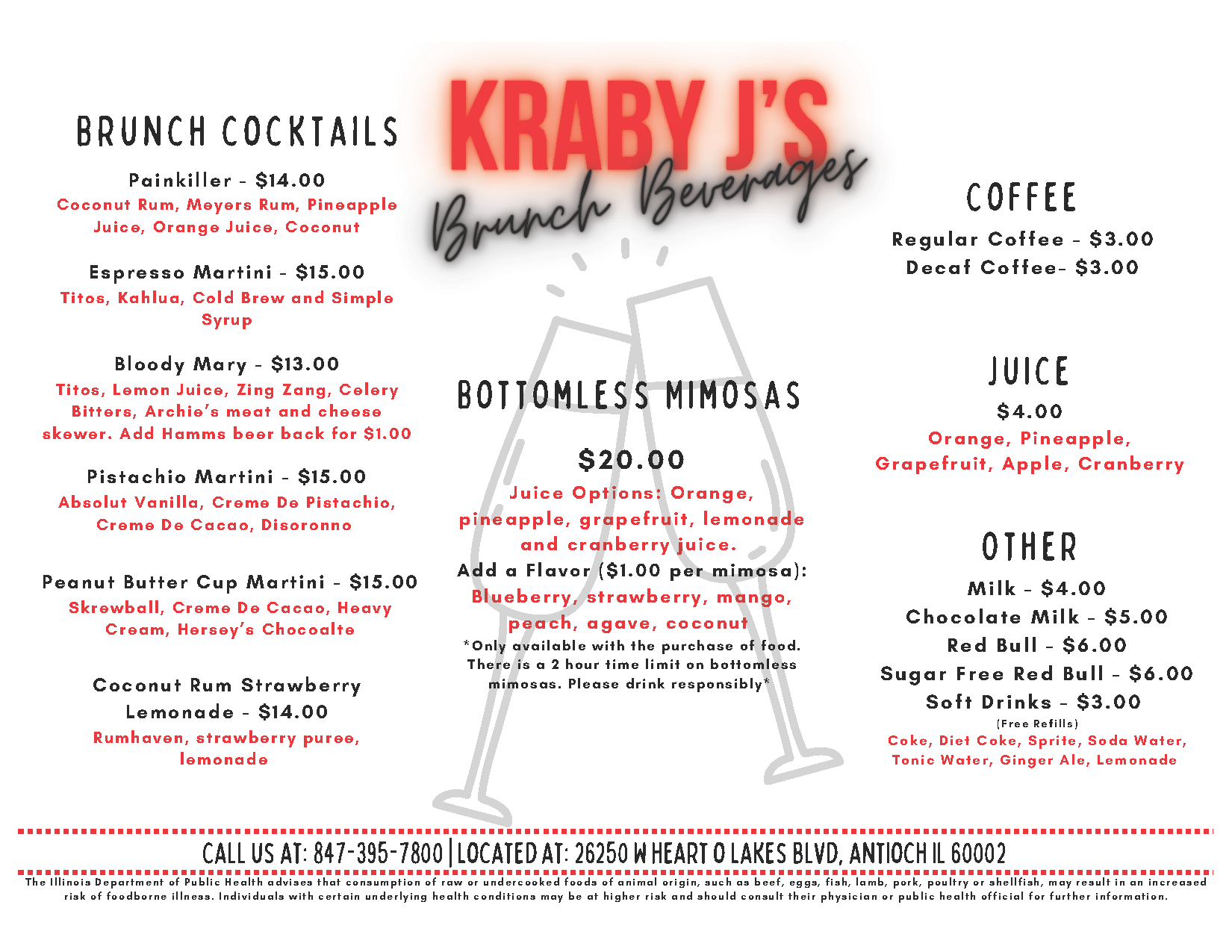 Krabby J’s brunch beverage menu with cocktails, mimosas, coffee, juice and other drinks in red and black text