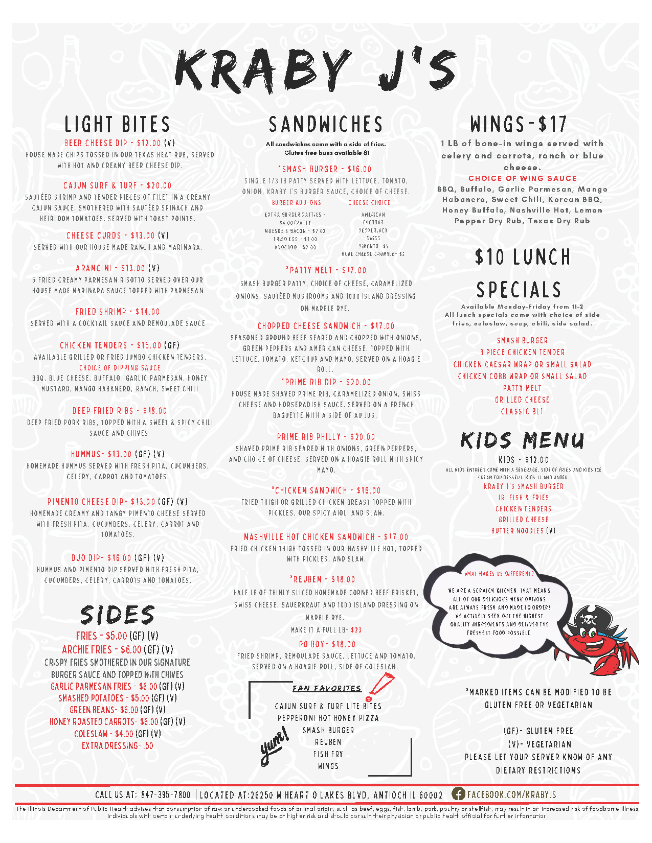 Menu for Kraby J’s seafood restaurant with sections for entrées, sandwiches, sides, and kids’ meals.