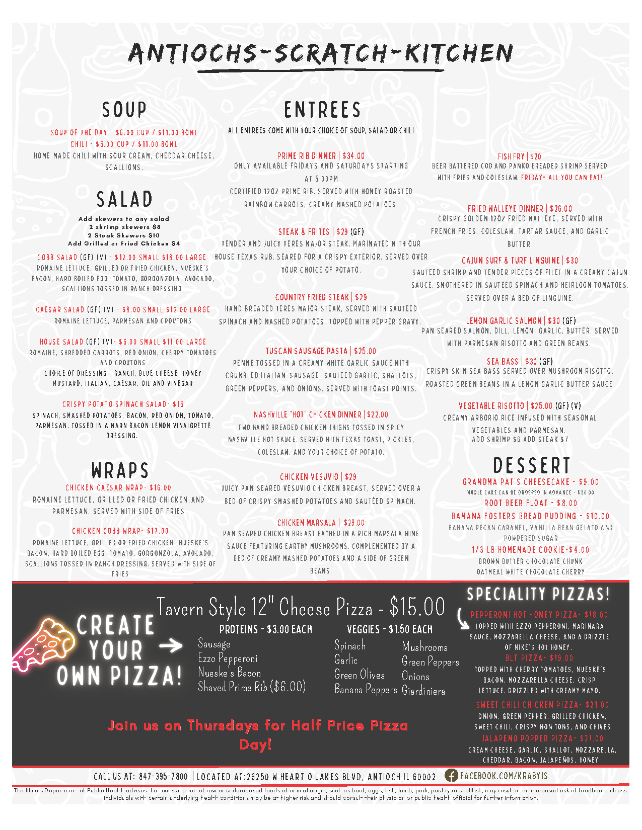 A menu flyer for Antioch’s Scratch Kitchen with food items, prices, and a black pizza special section