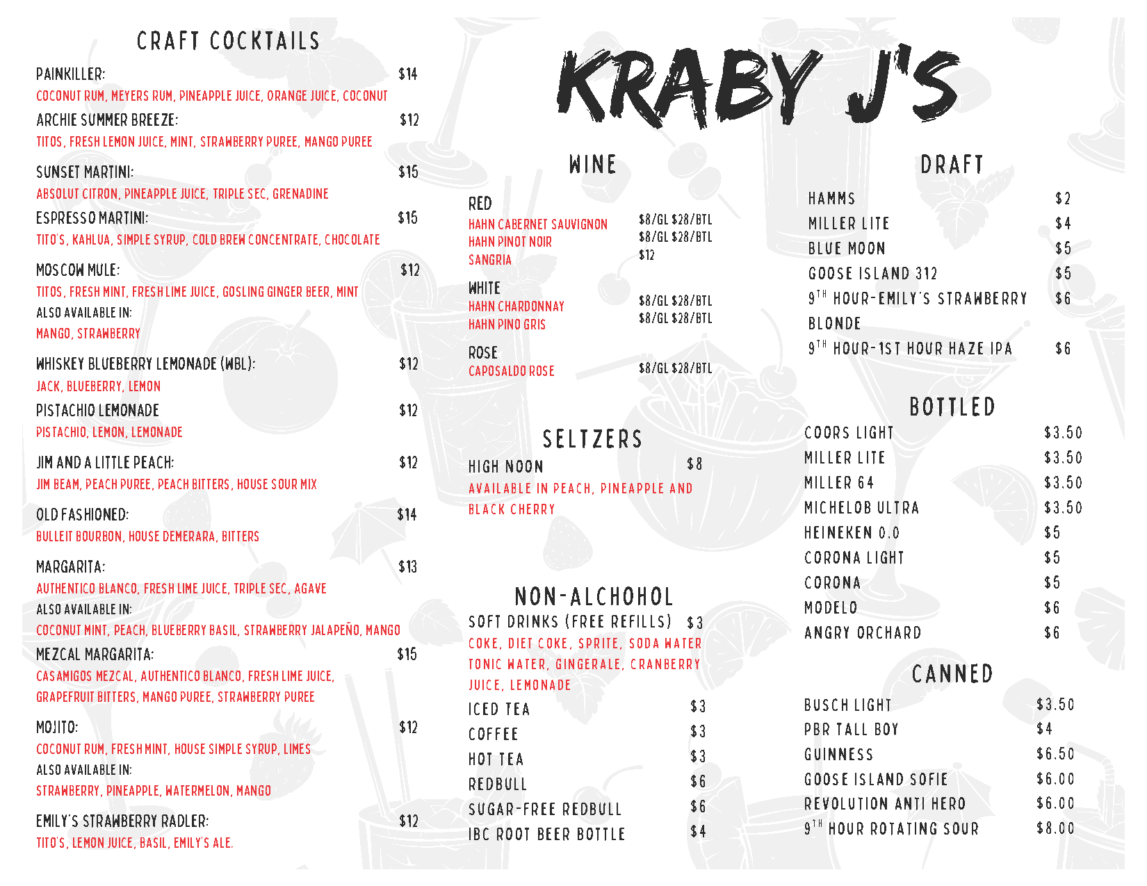 Menu for Kraby J’s with item list and prices on a white background