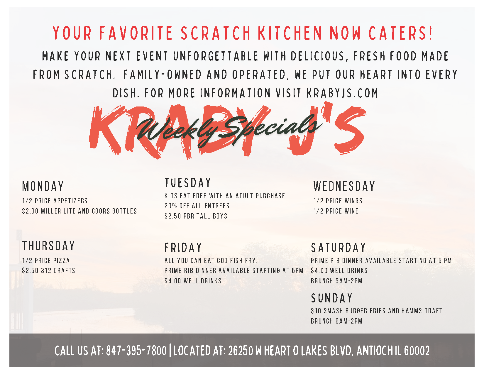 Flyer for Kraby J's Specials scratch kitchen dining, with brunch, lunch, dinner, happy hour and entertainment details.
