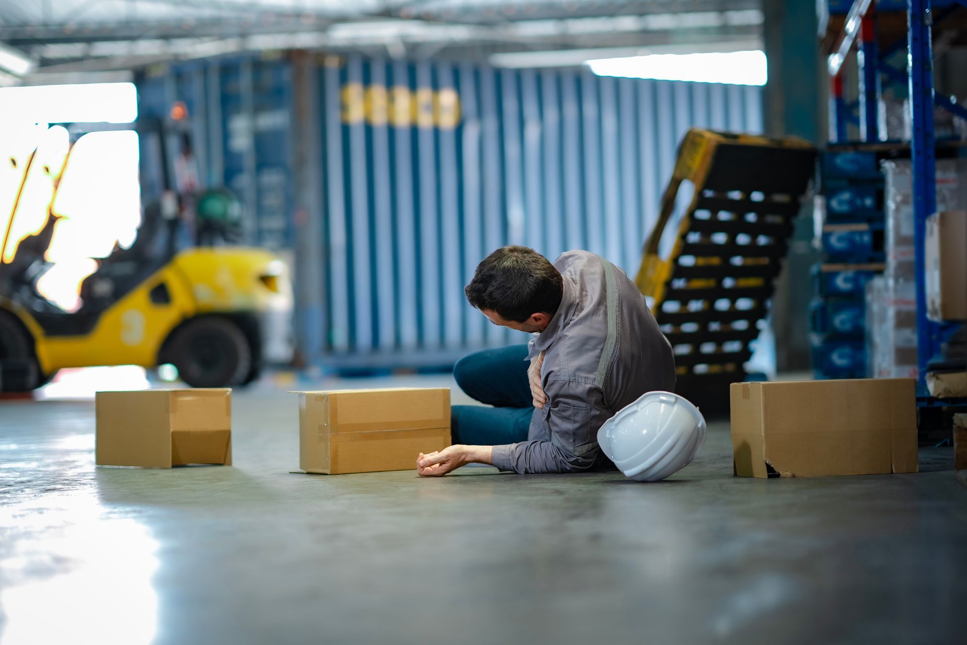 A warehouse worker kneeling on the floor after slipping near boxes and a forklift A warehouse worker kneeling on the floor after slipping near boxes and a forklift