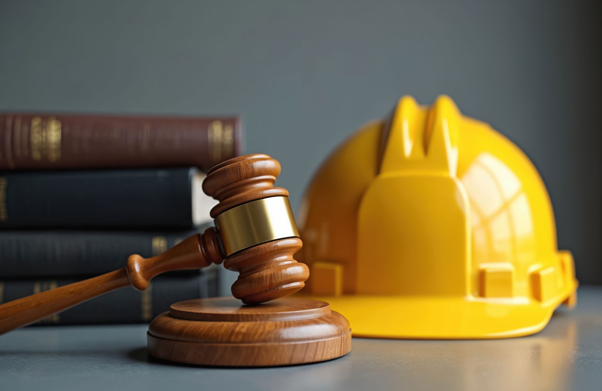 Construction law: Gavel and hard hat, with an employee rights attorney in the foreground.