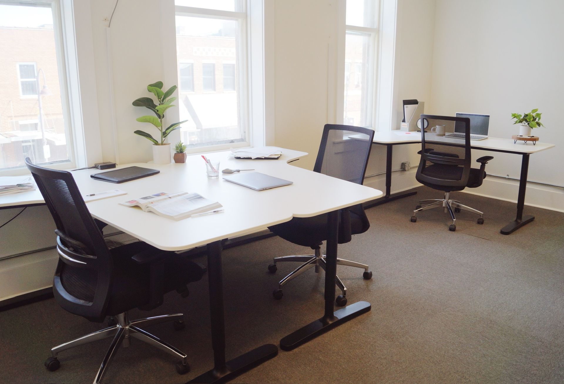 Bright office with white table, black chairs, desks, and large windows