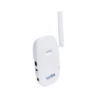 White Kerlink wireless access point with an antenna, ports and status lights.