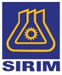 SIRIM logo: Gold emblem of three interconnected lab flasks with a sun on blue background.