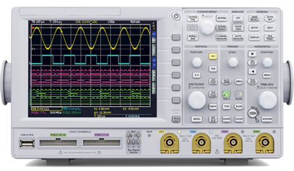 Oscilloscope displaying multiple waveforms in yellow, blue, purple, and green.