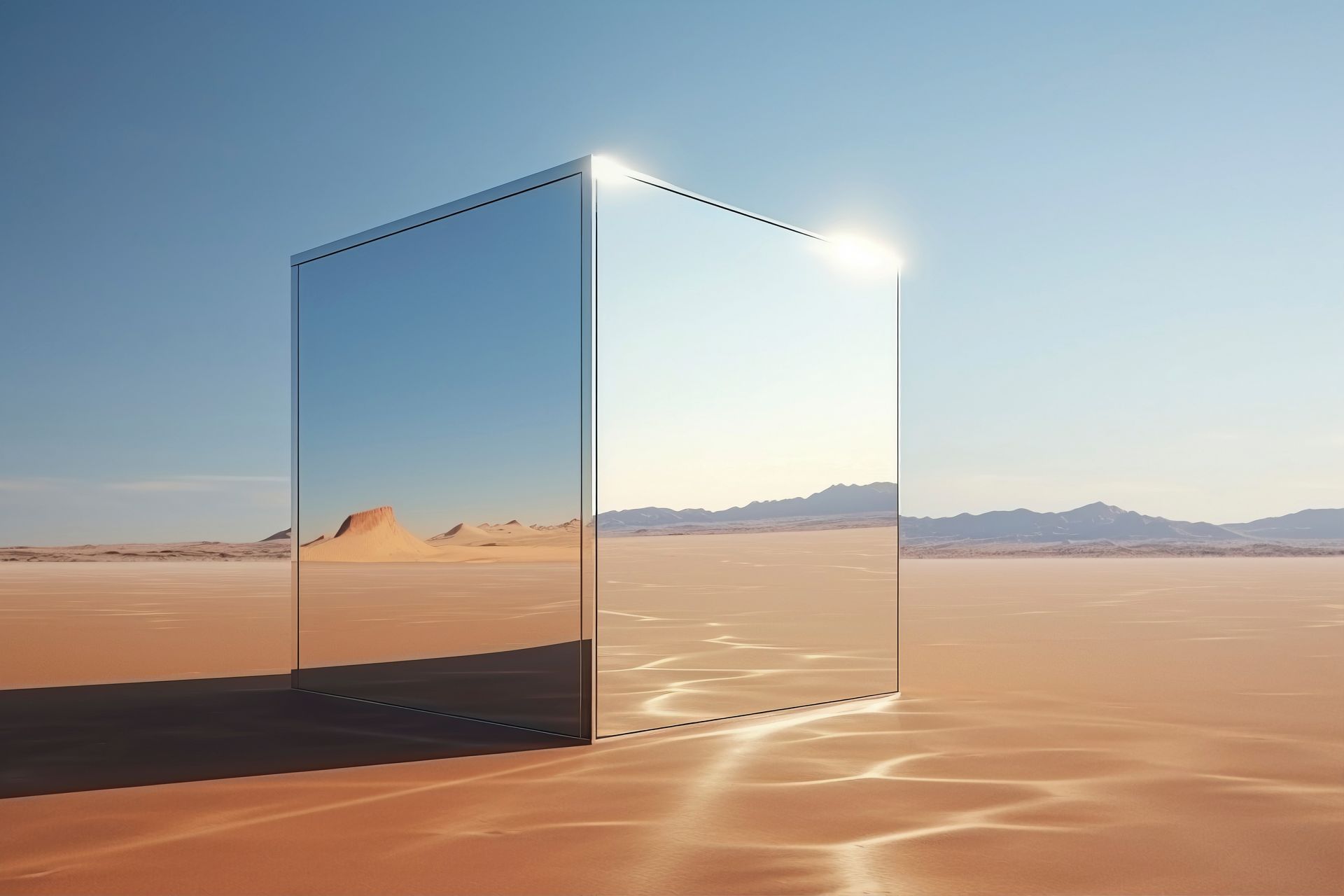 De spiegelkubus weerspiegelt het woestijnlandschap onder een blauwe hemel, met heldere reflecties aan de bovenkant.