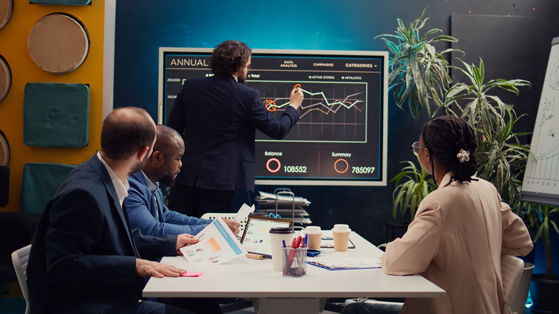 Een zakelijk team analyseert in een vergaderruimte gegevens op een scherm en bespreekt strategieën.