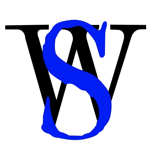 Black and blue intertwined letters “V” and “S” on a white background