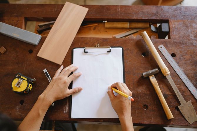 Hands sketching on a clipboard at a wooden workbench with carpentry tools and materials scattered around