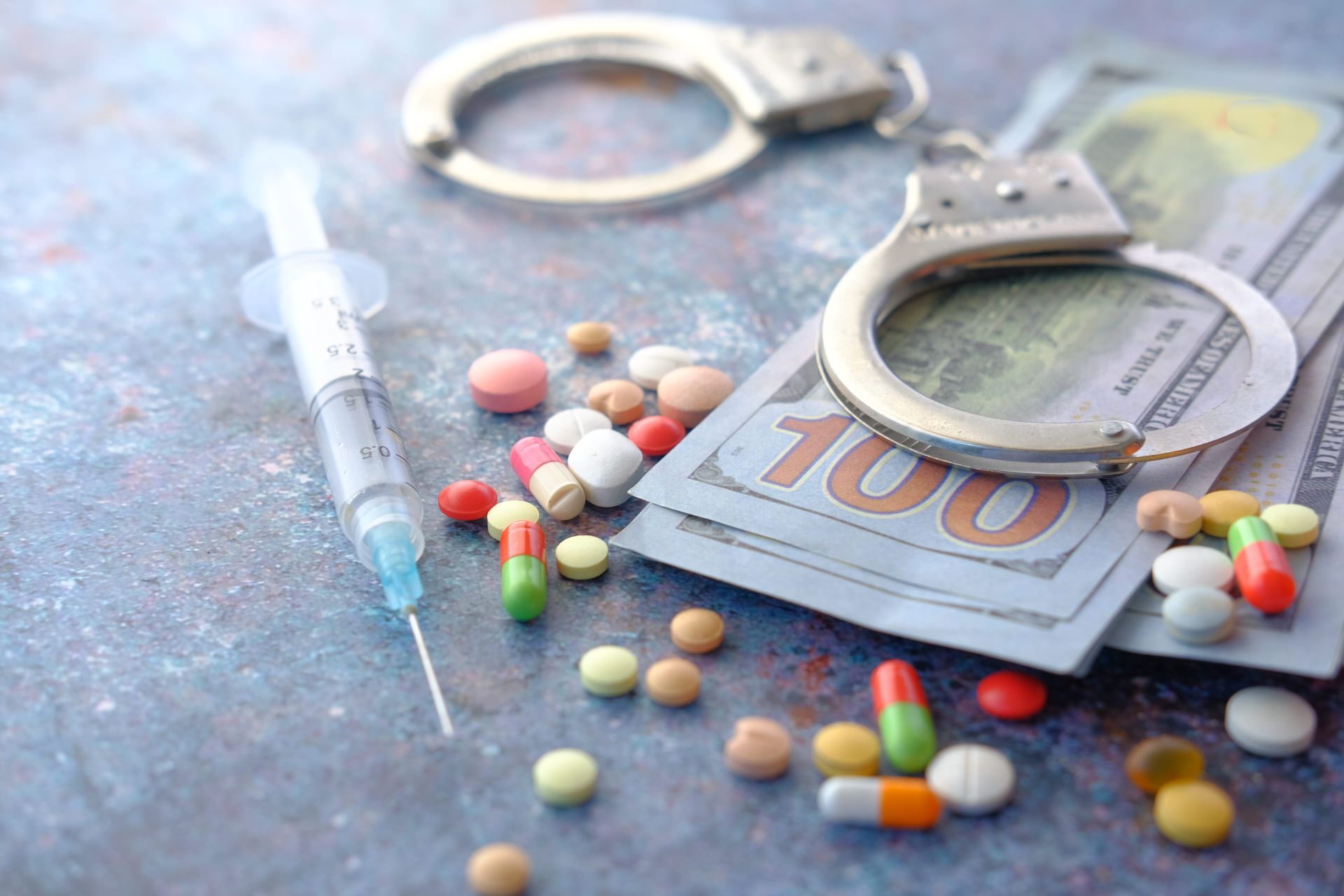 Handcuffs, a syringe, and scattered pills on money, suggesting drug-related crime