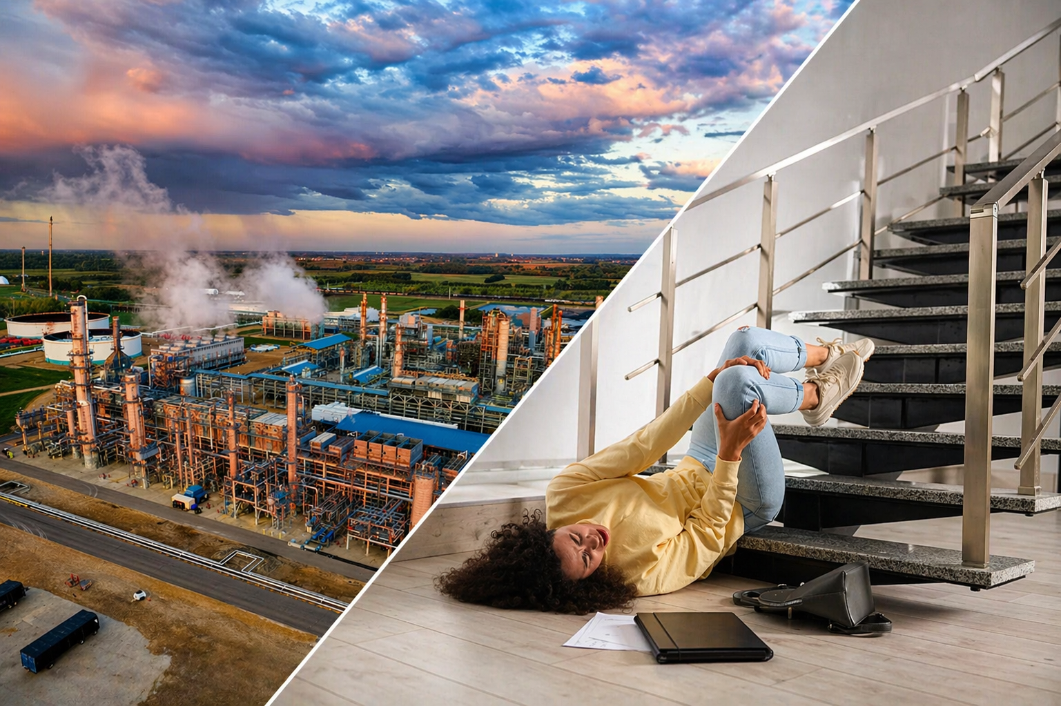 Oil refinery at sunset above a person holding an injured knee after a fall on stairs