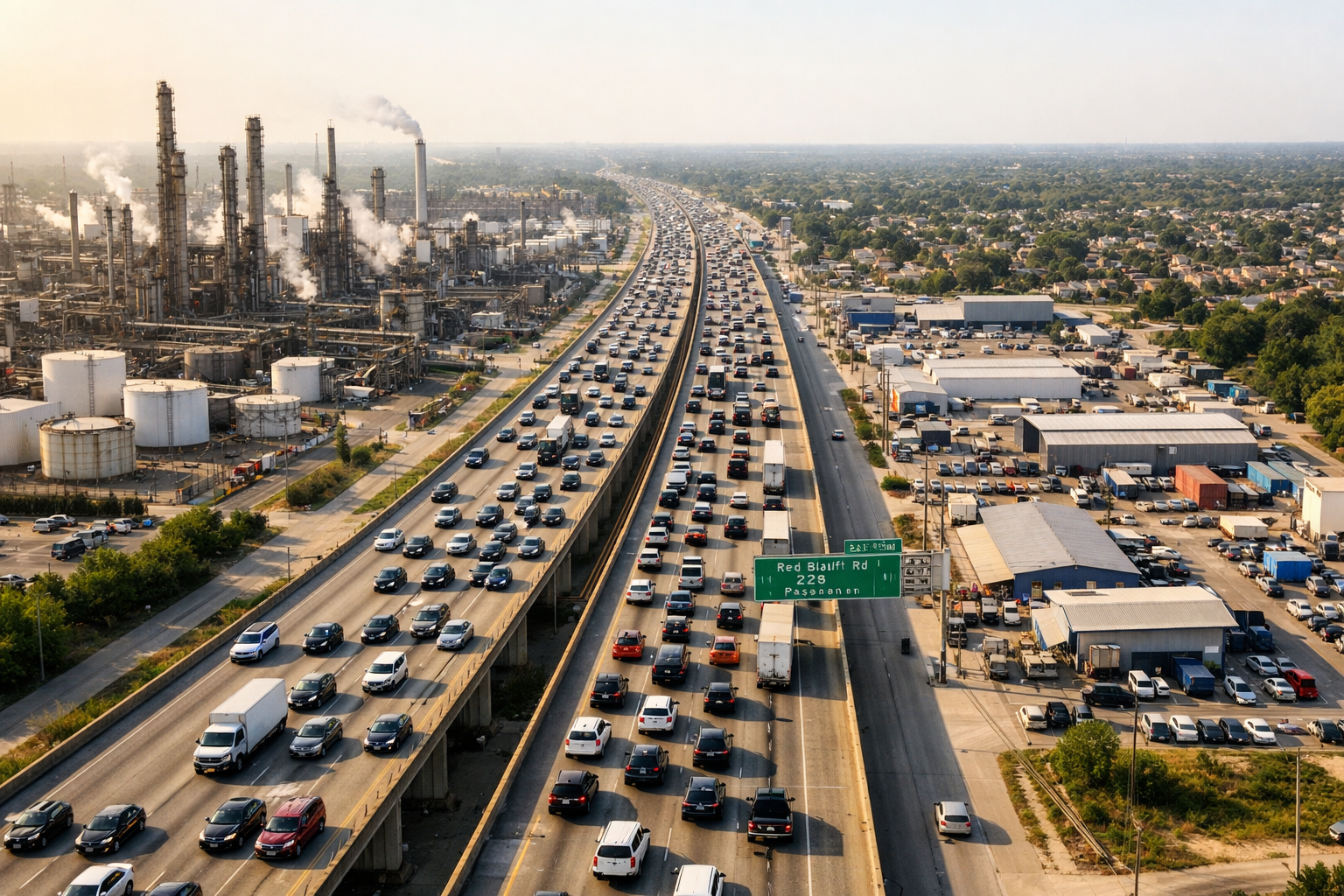 A distant view of the Pasadena, Texas skyline from Highway 225 vantage point looking east. Petrochemical refineries can be seen to the left of highway and industrial buildings with neighborhoods in the distance to the immediate right of highway . Time of day is late afternoon and there is a lot of traffic on highway.