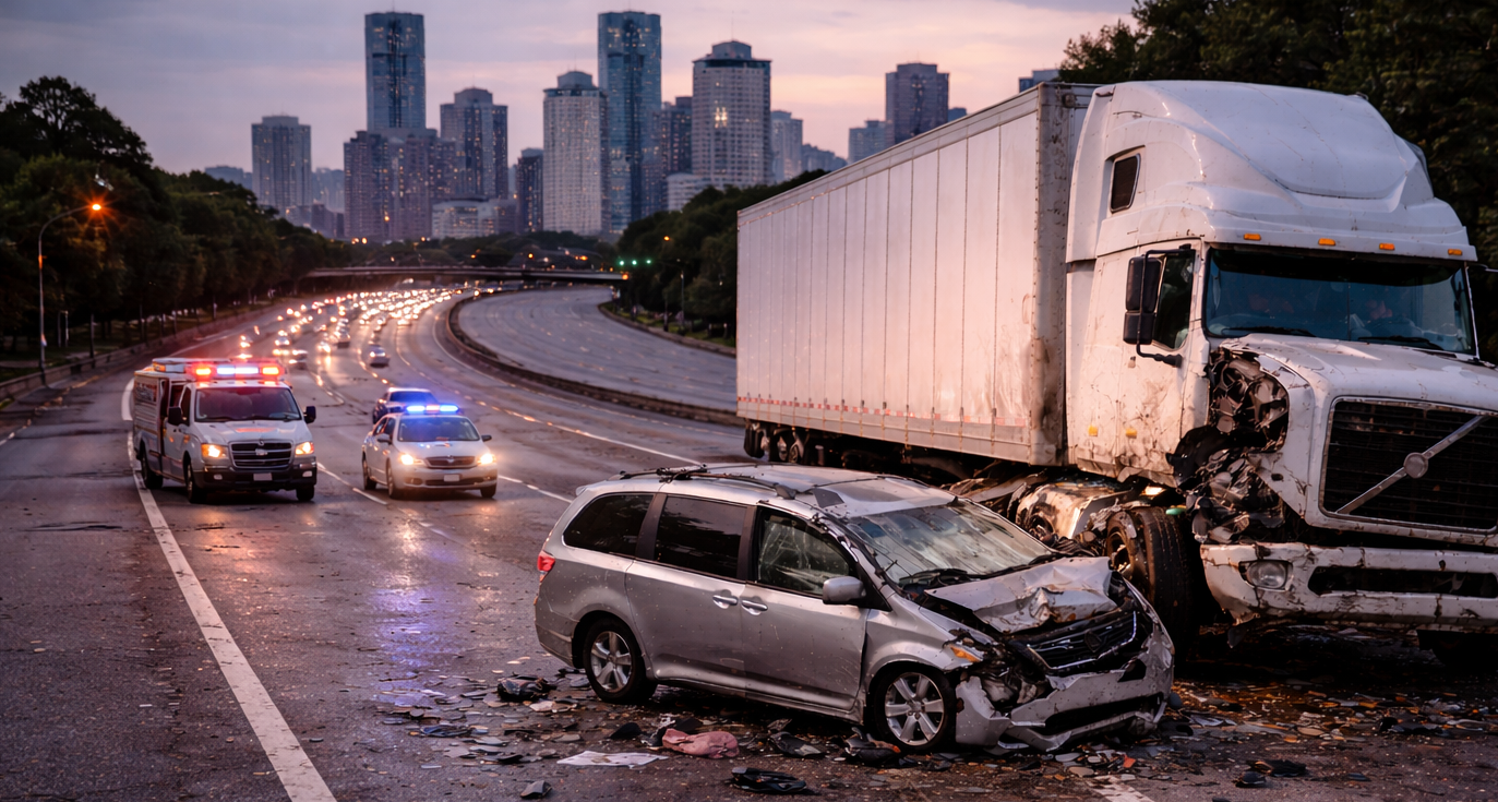 Multi-vehicle crash on a Houston highway with police on scene and a damaged SUV