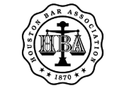 Black and white logo of the Houston Bar Association featuring a scale of justice behind the letters "HBA" inside a seal.