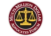 Circular logo for the Multi-Million Dollar Advocates Forum, featuring a gold scales of justice icon on a dark red background.